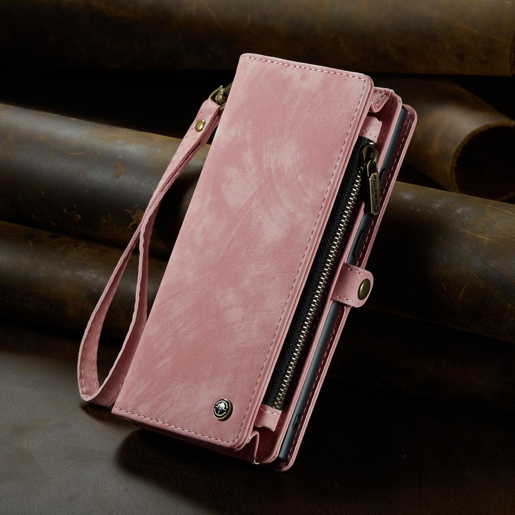 For Samsung Galaxy Case Leather Material with Large Hidden Card Slots and Shockproof Protection, 2-in-1 Design, Zipper Closure