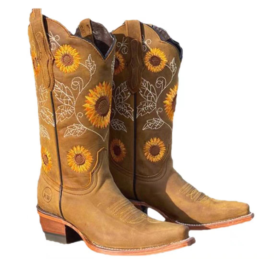 

Жіночі західні ковбойські чоботи на масивному каблуці з вишивкою соняшника Повсякденне взуття до середини гомілки 40 хакі