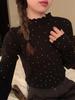 Women's Black Fungal Collar Polka Dot Base Shirt, Autumn/Winter Long-Sleeve Korean Style Top