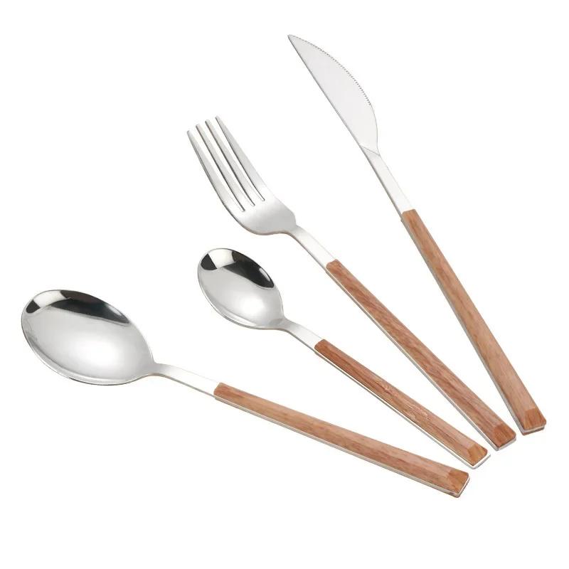 Glossy Silver Wooden Western Food Knife Fork Teaspoon Cutleries 304 Stainless Steel Dinnerware Sets 4Pcs