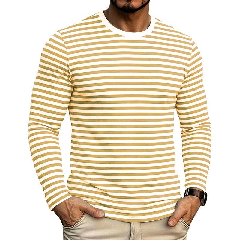 Men Crew Neck Blue White Horizontal Striped Slim Fit Long Sleeve T Shirt
