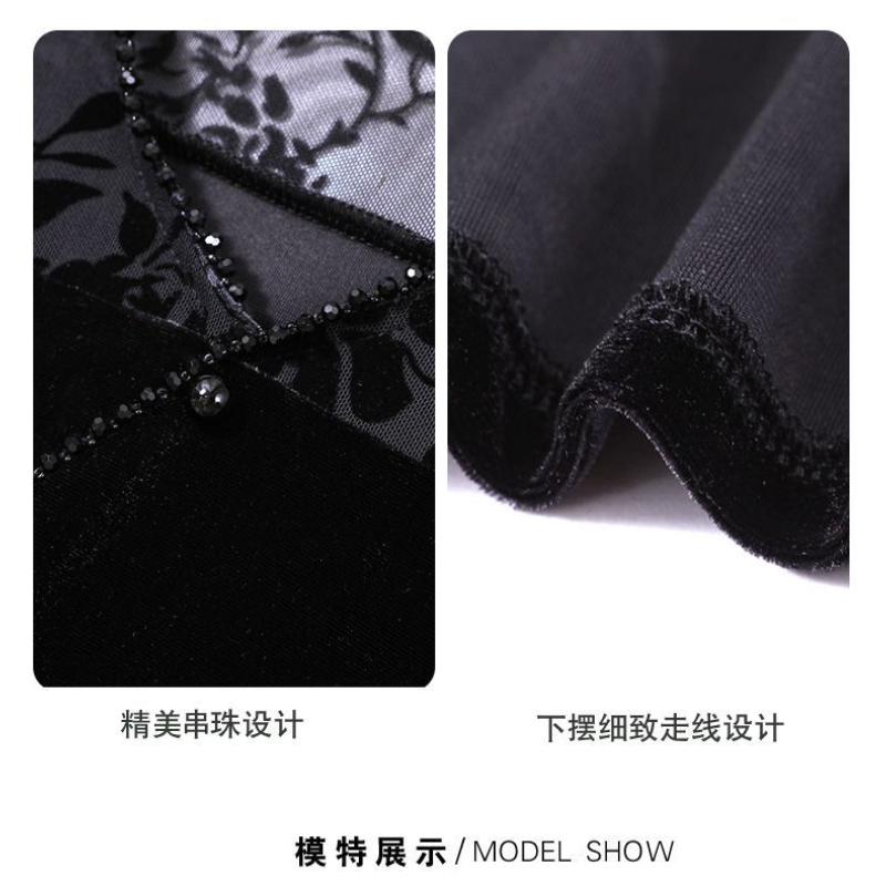 Women's Black Lace Patchwork Top Elegant 3/4 Sleeve Velvet Blouse