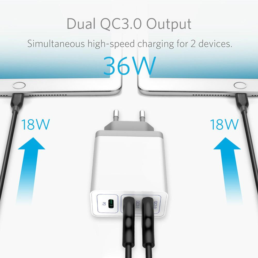 38W Dual USB Fast Charger with QC3.0 & PD Port, Compatible with EU/US/UK Plugs