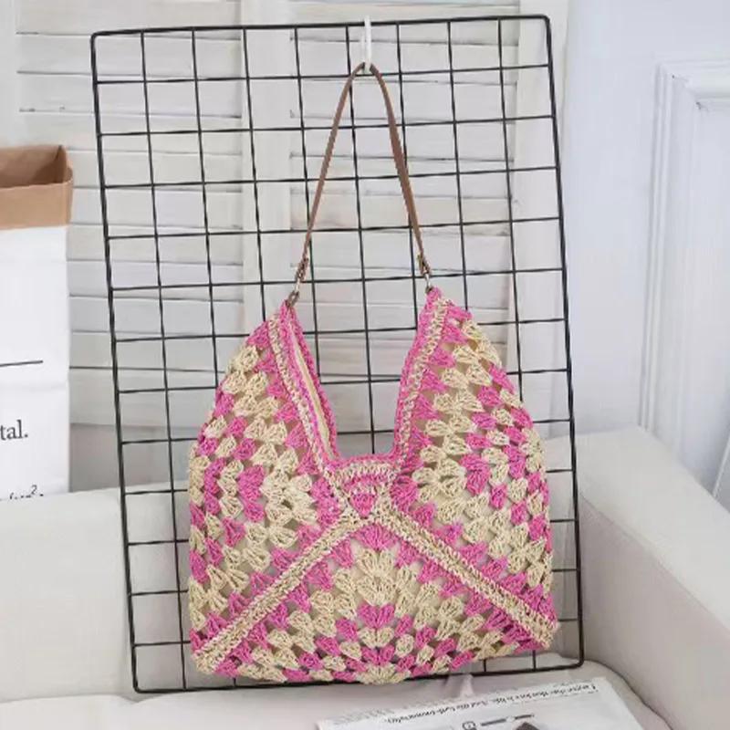 Hollow Out Woven Shoulder Bag Fashi Versatile Bohemian Beach Vacati Handbag Color-blocked Design Women's Underarm Bag