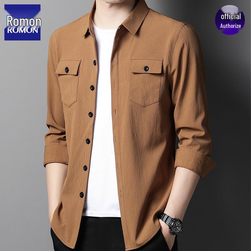 

Мужская рубашка с длинным рукавом пике из хлопка Romon - Осень и Зима, Высококачественная, Не требует глажки, Красивая и Повседневная. 3XL (165-180 Jin) хаки