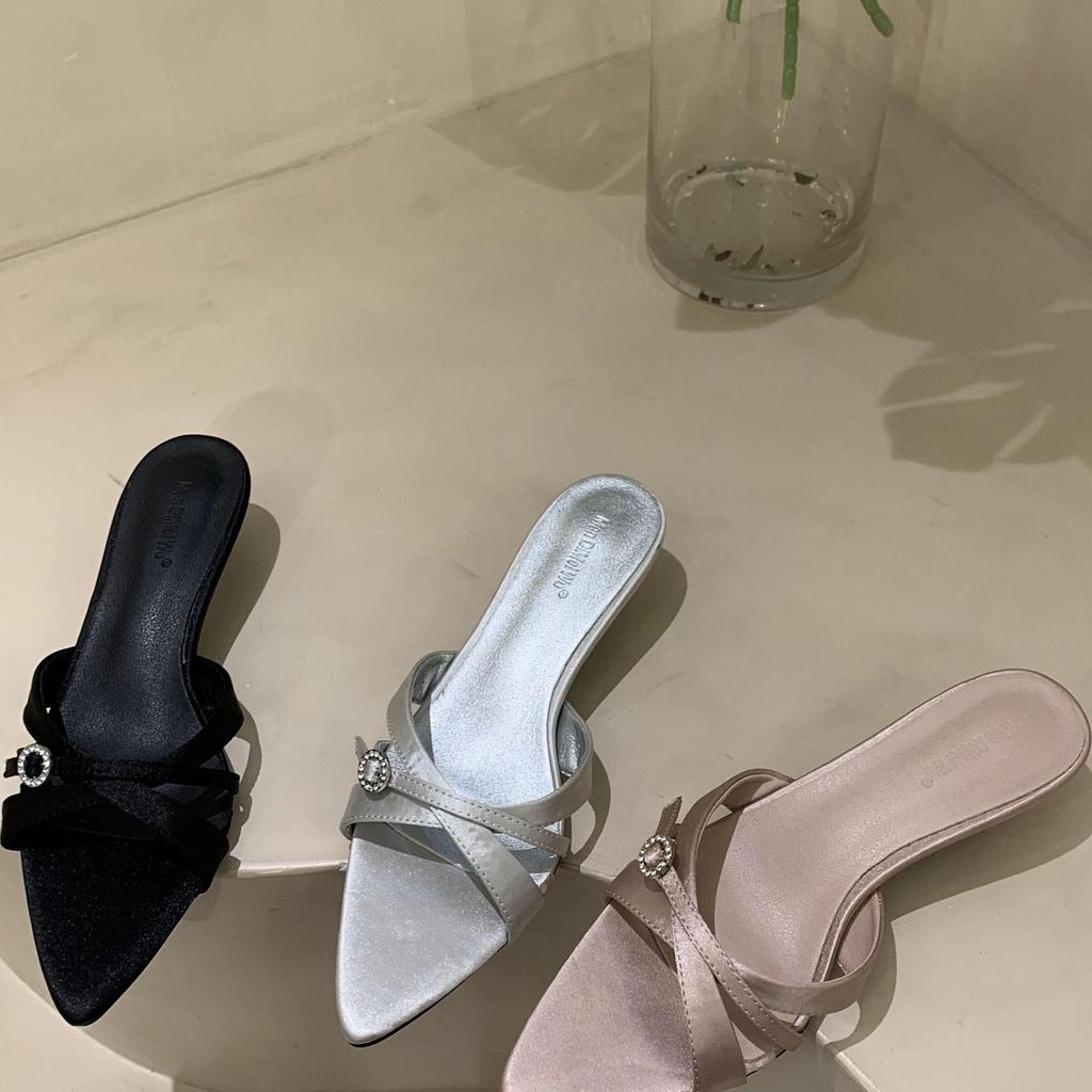 I like it very much~ pointed silver high-heeled sandals, thin heels, love rhinestone thin straps, 2025 summer new slippers for women's outer wear