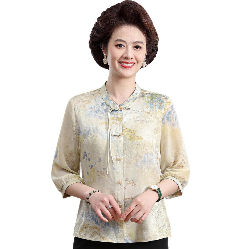 Mother's Wear New Chinese Style Mid-Sleeve Print Shirt, Summer 2026: Elegant Frog Button Top in National Trend