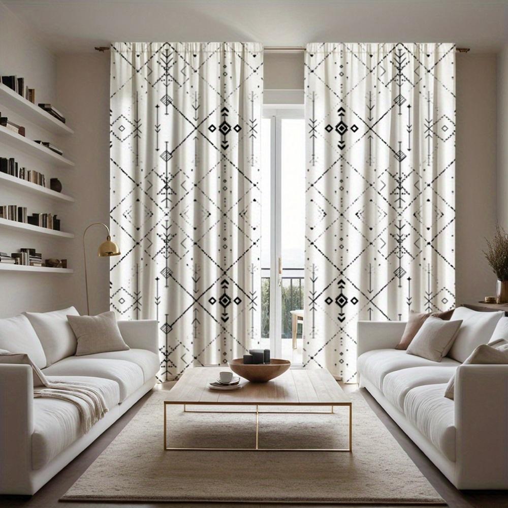 Set Of 2 Bohemian Black White Geometric Pattern Curtains Semi Transparent Polyester Design Living Room Bedroom Curtain With Rod Pocket Perfect For