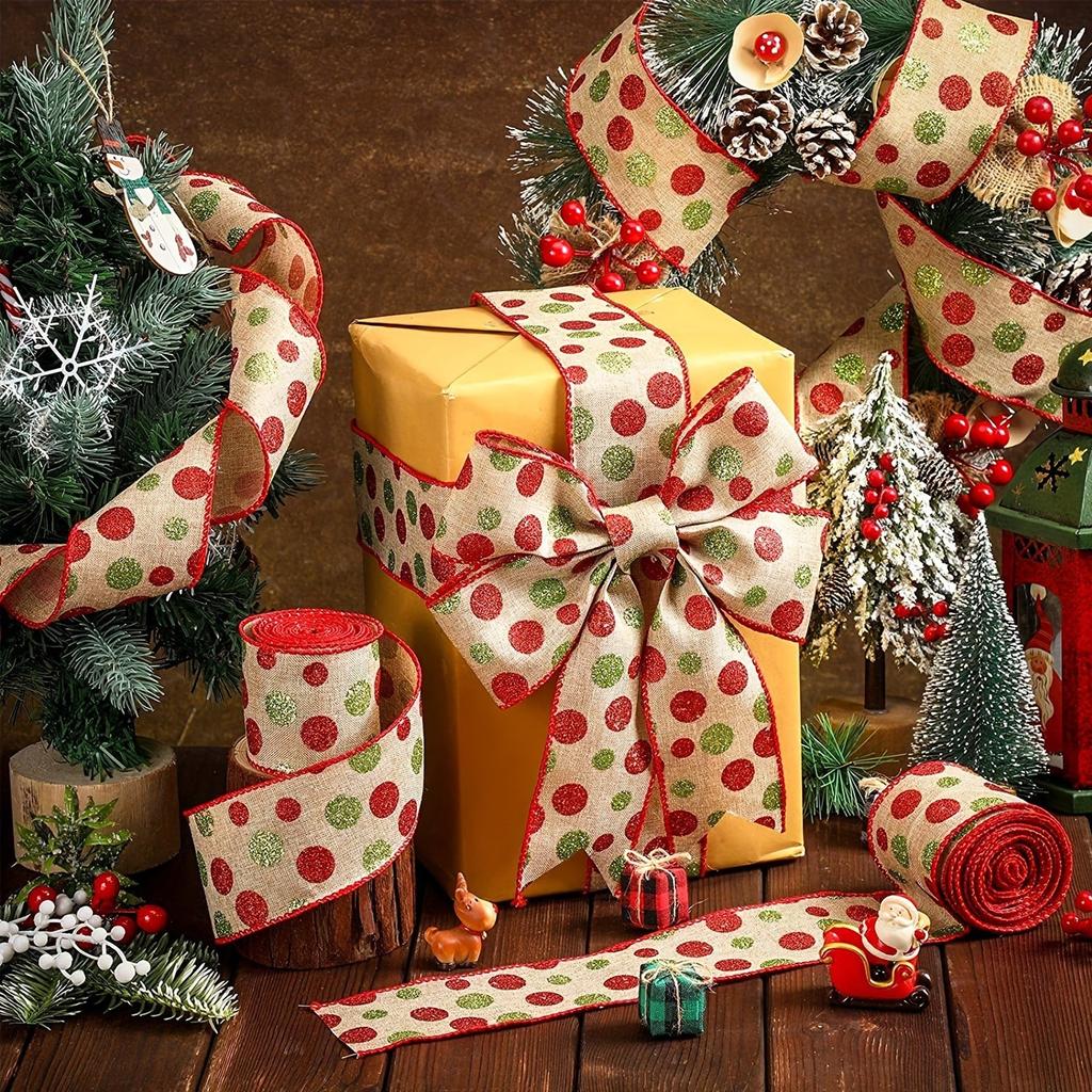 Christmas Glitter Ribbon Green Red Polka Dot Ribbon Christmas Tree Decoration DIY Craft Bow Wreath 2.5 Inch X 5 Yards