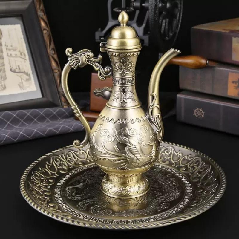 European Wine Set, Alloy Home Wine Pot Wine Glass Set, Golden Vintage Wine Glass, Wine Pot Home Living Room Decoration,24cm,1Set