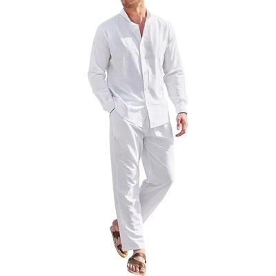 Herren Casual Baumwolle Leinen Zweiteiler Strand Vintage Basic Hemden und Hosen Einfarbig Freizeitanzug Männlich Hawai Trainingsanzug Set