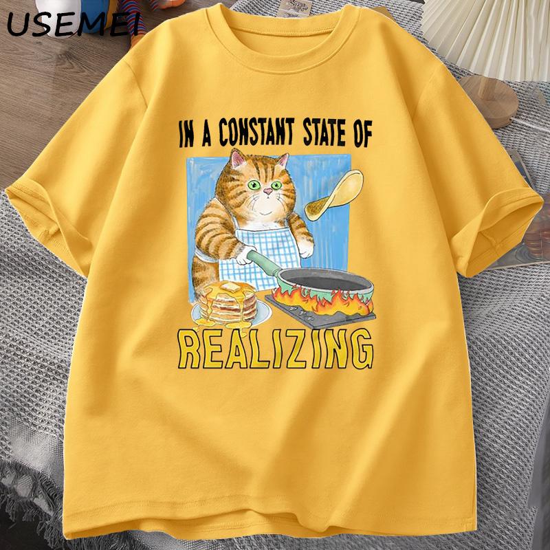 

Cat in A Constant State of Realizing T Shirt Men Funny Cat Cooking T-shirt Kitty Cute Animal T Shirt Cotton Short Sleeves Tops S жёлтый