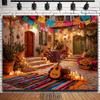 2D plane 1 vivid Mexican party background - colorful paper pieces and peanut flowers guitar design polyester