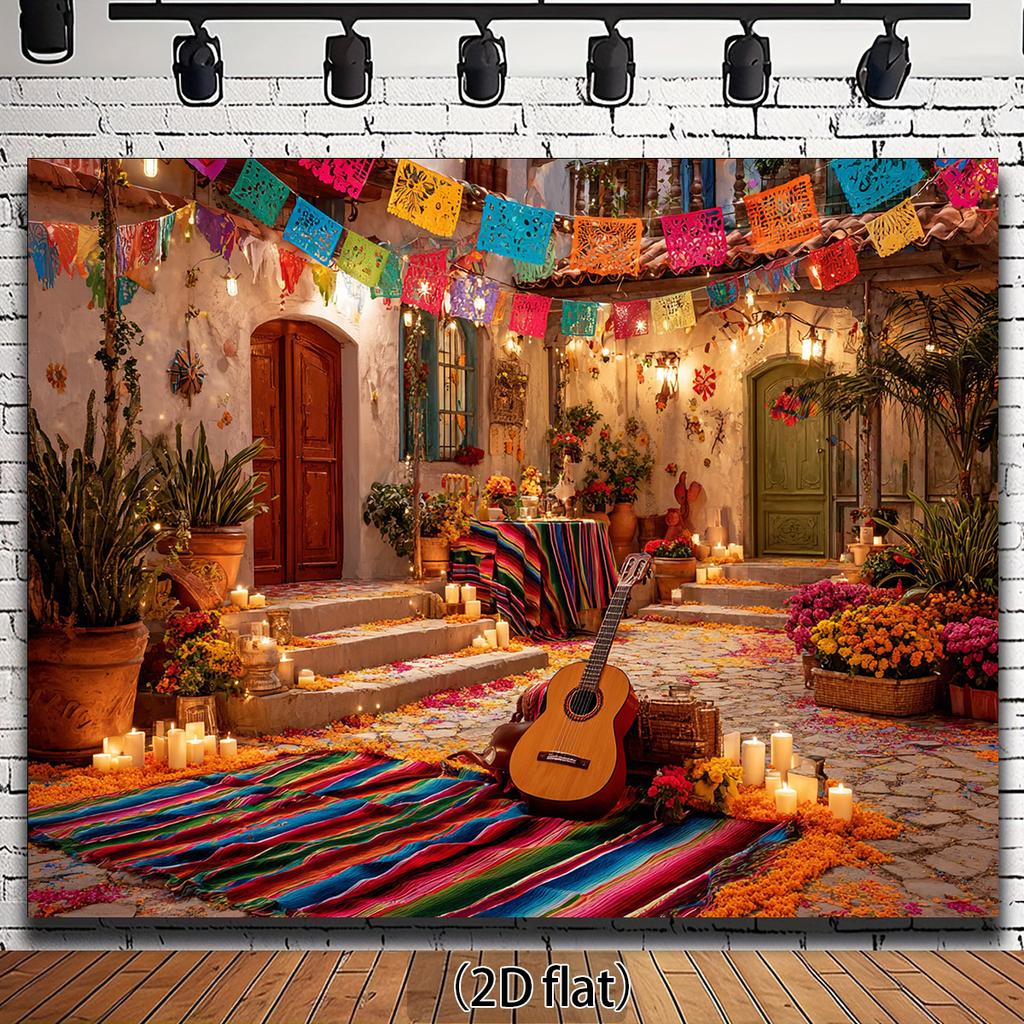 2D plane 1 vivid Mexican party background - colorful paper pieces and peanut flowers guitar design polyester