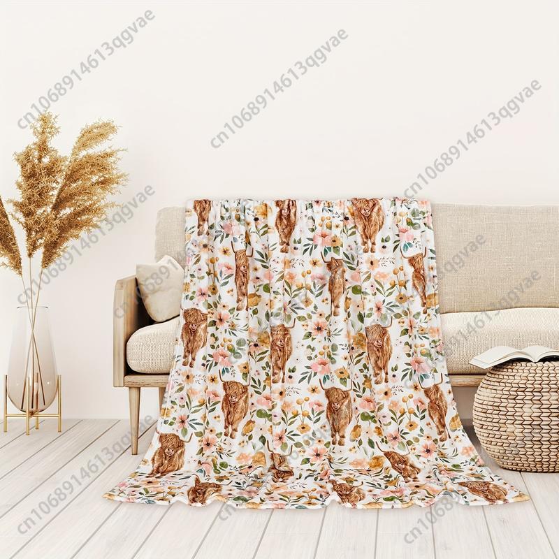 Soft & Warm Cozy Floral Highland Cow Print Flannel Throw Blanket Machine Washable for Couch BedCustom blankets 75cmx90cm