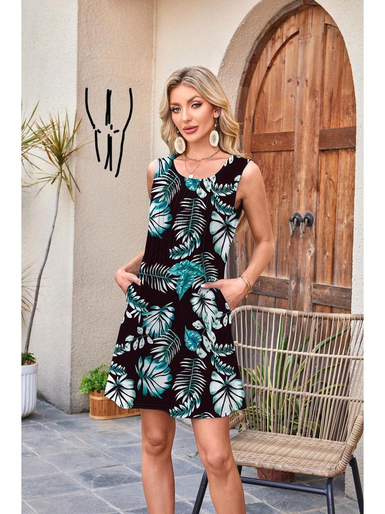 European American Women's Sleeveless Drawstring Pocket Dress - Round Neck Print