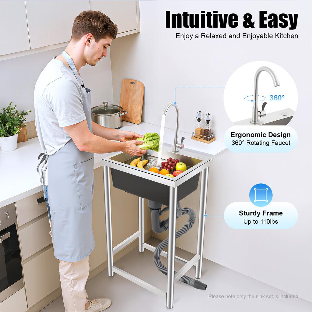 17.7 * 16 * 29.5in Stainless-Steel Kitchen Sink, Free Standing Utility Sink with Faucet, Indoor Outdoor Laundry Sink