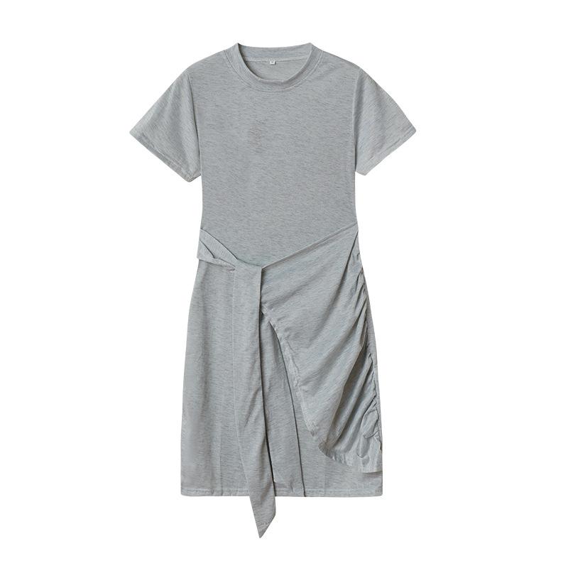 IHUASU Summer Short Sleeve Round Neck Pleated Bow Belt Irregular Dress