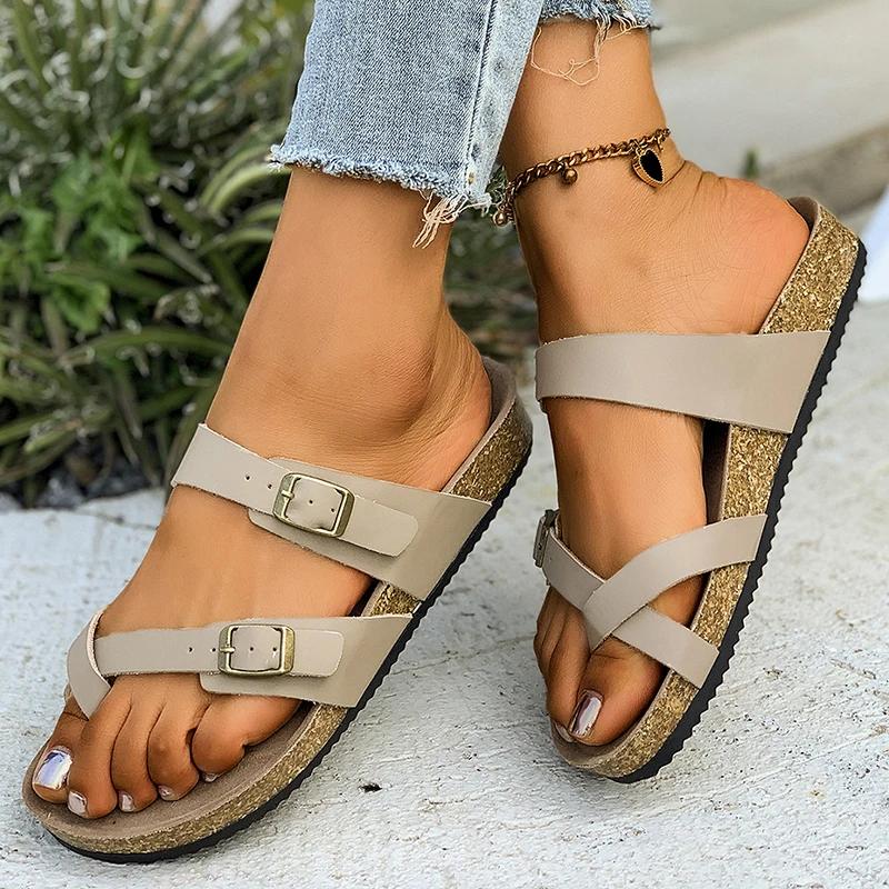 Fashion Summer Beach Clip Toe Wedge Slippers Women Fashion Double Buckle Cork Flat Slides Woman Stylish Weightlight Slip On Slides Mujer