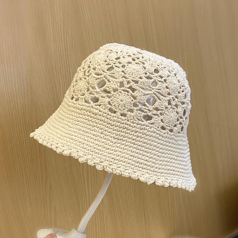 Crochet Floral Bucket Hat for Woman Teenagers Outdoor Foldable Commute Fisherman Hat Wide Brim Summer Sunproof Hat