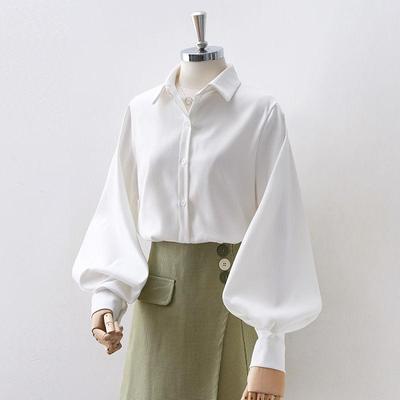 Laternenärmel Vintage-Hemden Damen Elegante weiße Damenbluse mit üppigen Ärmeln 2021 Fashion Button Up Shirt Schwarz