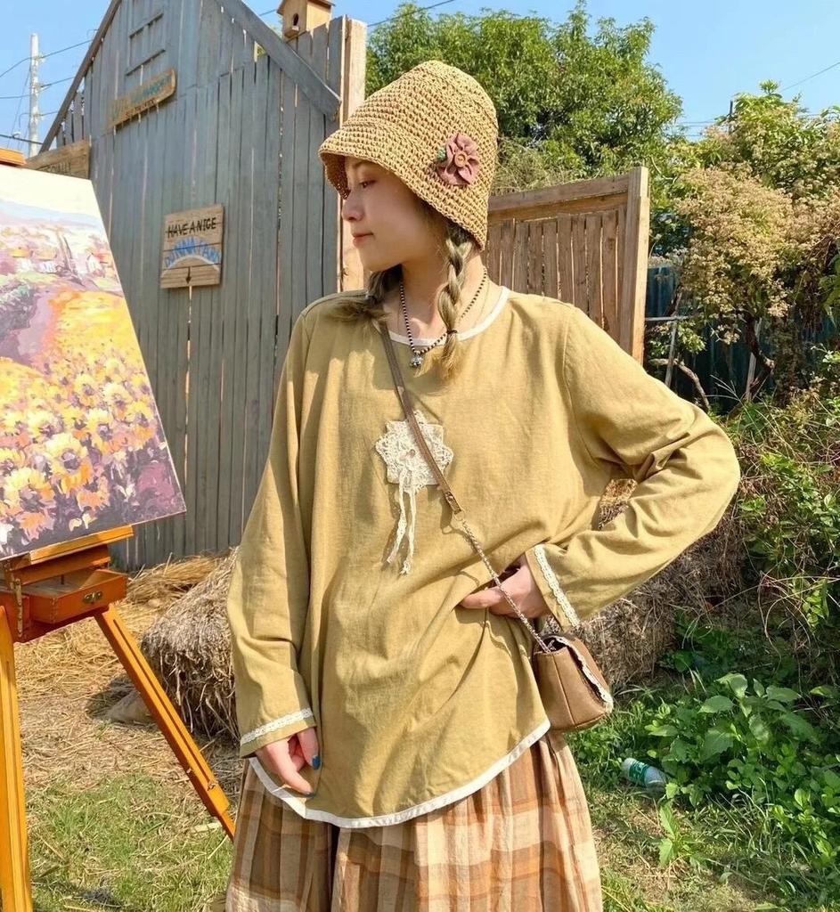 Johnature Casual Patchwork Lace Women T-Shirts Spring Japanese All Match O-neck Pulloer Female T-Shirts