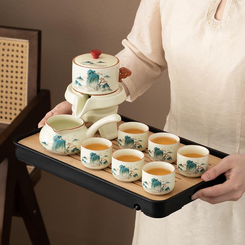 Light Luxury Splendid Ru Kiln Automatic Tea Set Household High-end Lazy Tea Making Ceramic Kung Fu Teapot Tea Tray