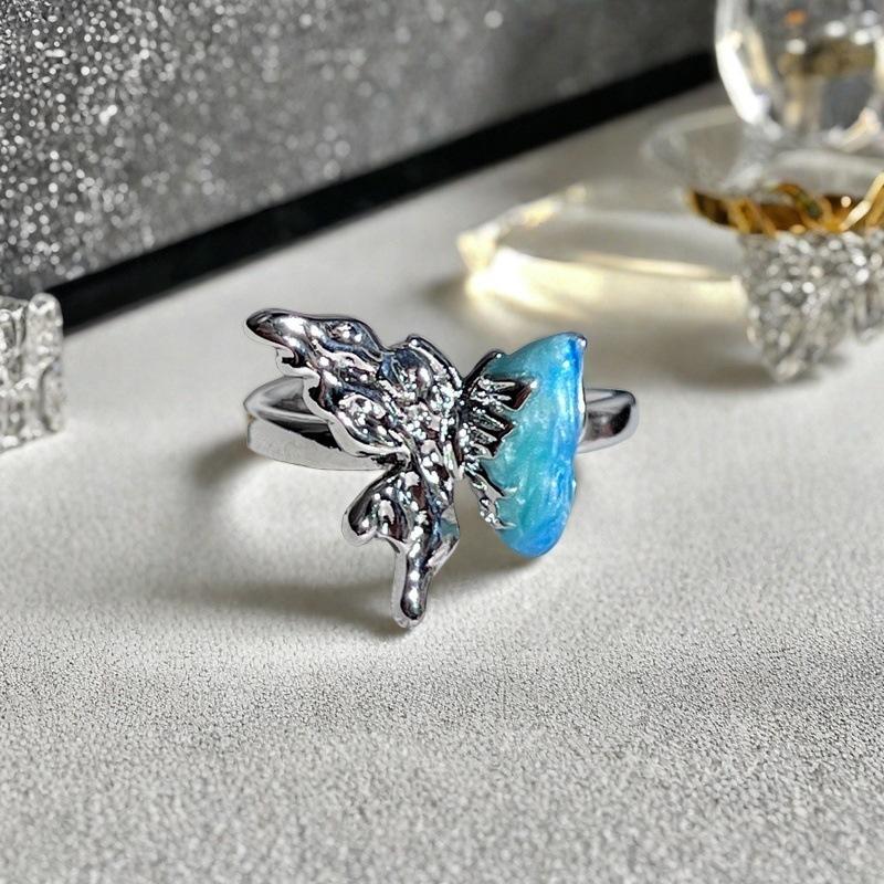 Neues Nischendesign Emaille Meerblau Öltropfen Schmetterling Offener Ring Liebesgürtel Zirkon Leichter Luxus Ring
