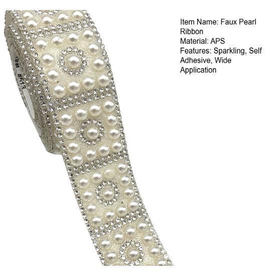Faux Pearl Rhinestone Ribbon 1 Yard Self Adhesive Decorative Strip Elegant White Faux Pearl Accent Strip for Clothing Shoes Phone DIY Crafts