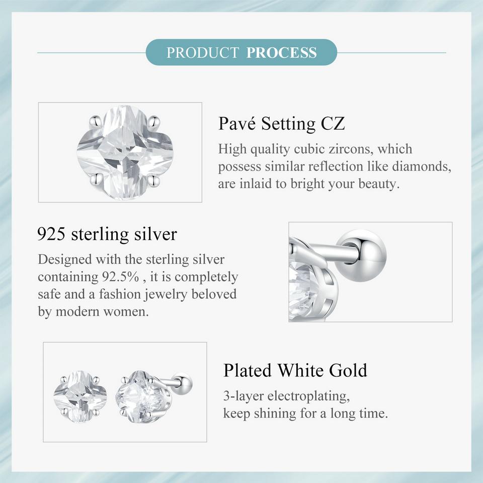 WOSTU 925 Sterling Silver Four-leaf Clover Stud Earrings with Zircon for Women Girl Fine Jewelry Party Daily Date Lucky Gift