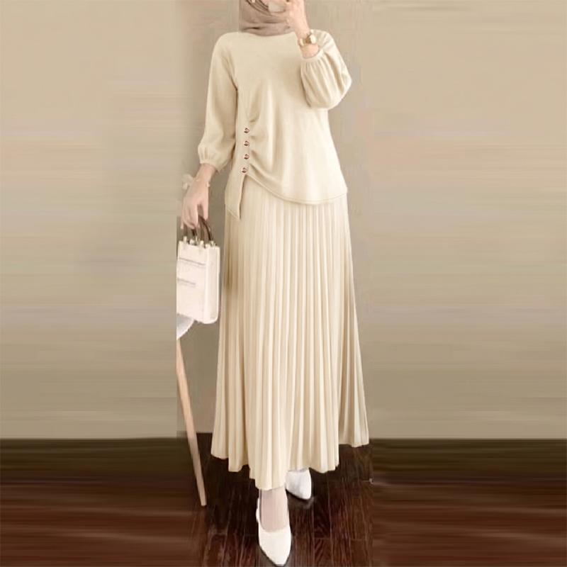 ZANZEA Women 3/4 Sleeve Blouse and Long Skirts Vintage Two Piece Suit Sets