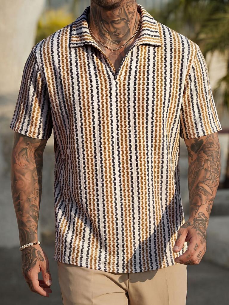 Summer Fashion Knitted Crochet Lapel Men's Short Sleeved Casual Vacation Polo Shirt