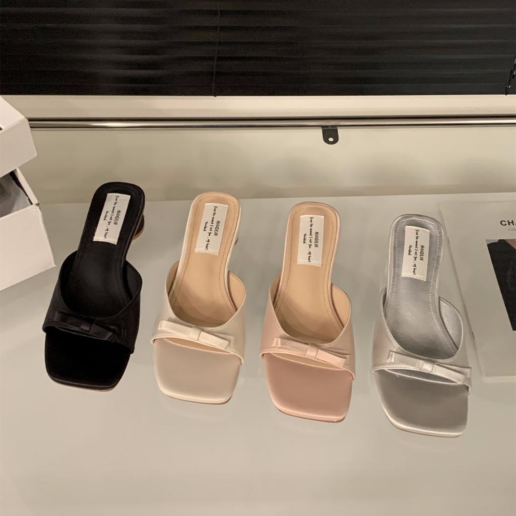 Thick Heel Pink French Cool Slippers Fairy Shoes Outer Wear 2025 New Summer with Skirt Bow Sandals