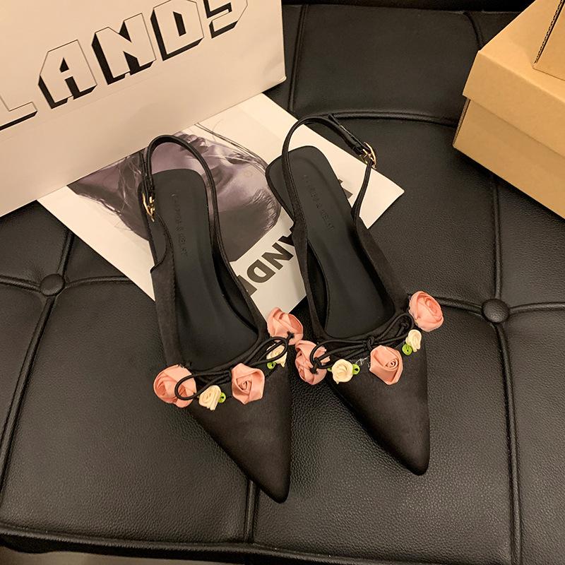 

Летние новые туфли во французском стиле с цветочным узором на высоком каблуке и изысканные босоножки для женщин 40 чёрный