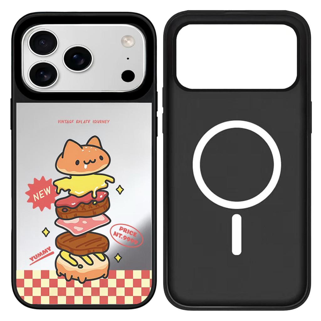 IPhone 12 13 14 15 16 17 Pro Max Cute Cartoon Pet Burger Mirror Surface Black Border Magnetic Protective Case