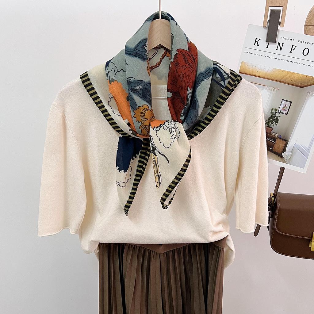 Color Matching Plant Flower Silk Scarf Four Seasons Foreign Gas Cotton And Linen Square Scarf Thin Windproof Neck Protection Scarf Decoration