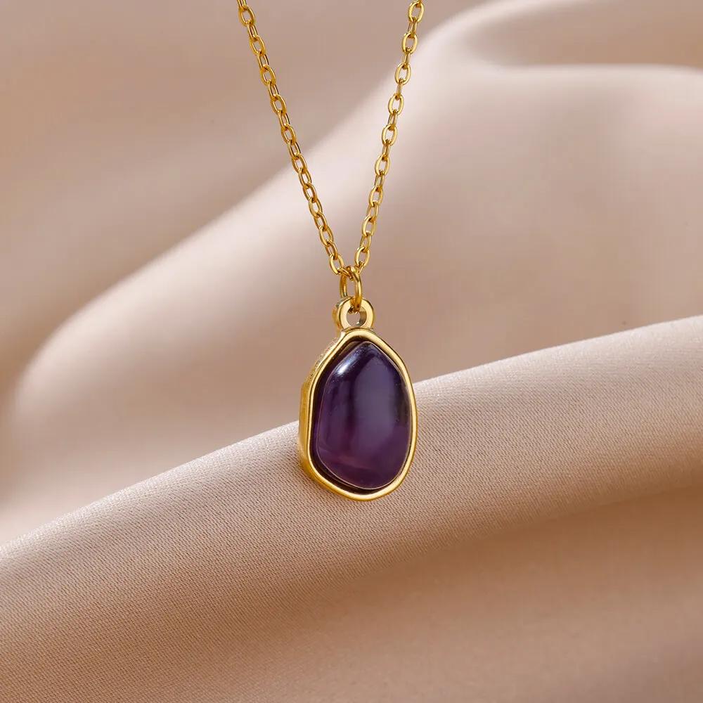 Colorful Stone Opal Oval Necklace For Women Gold Color Stainless Steel Chain Stone Pendant Necklace Classic Aesthetic Jewelry