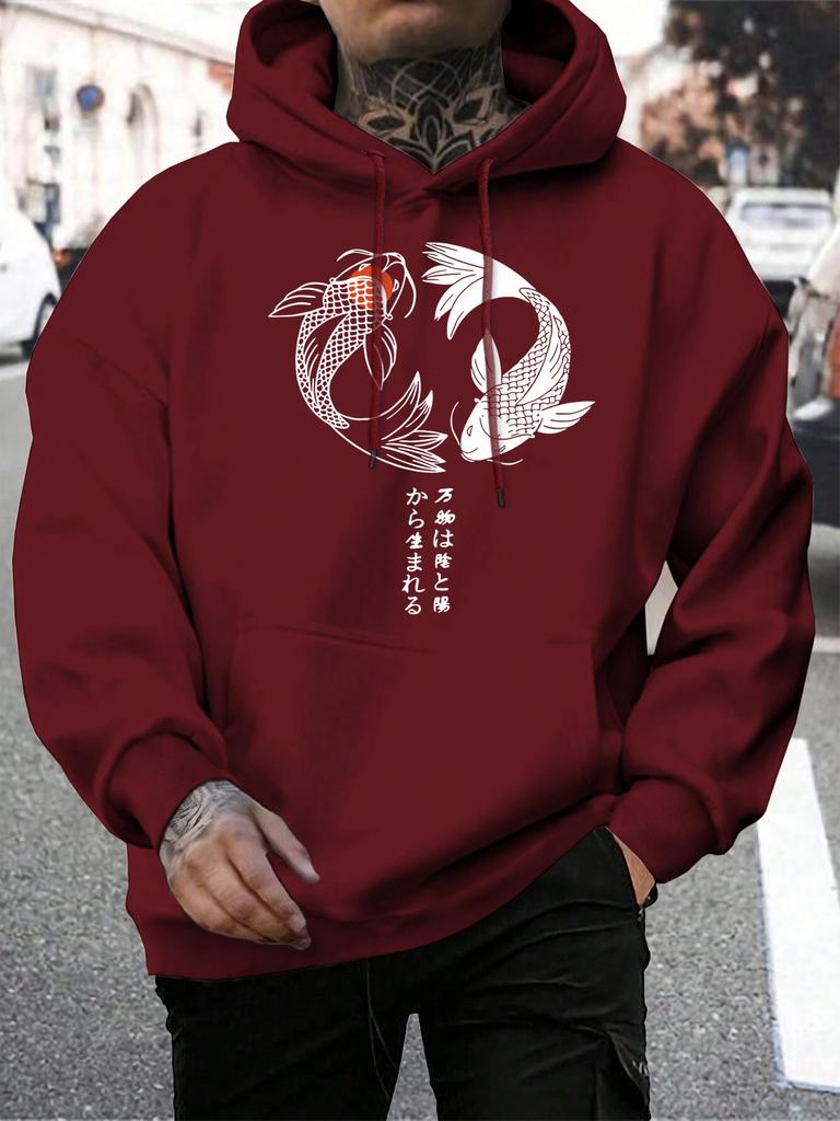 Japanese Koi Harajuku Illustration Printed Men Hoody Pocket Loose Sportswears Fashion Hip Hop Hoodies Autumn Male Clothes