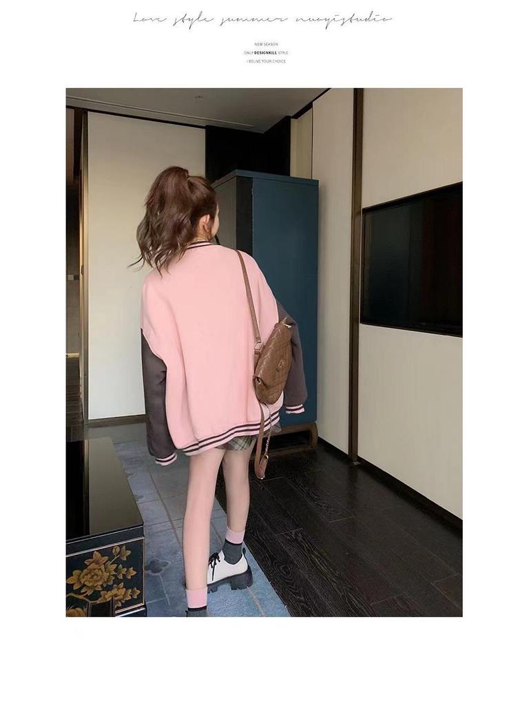 Women's Pink Retro College Style Baseball Jacket - Spring/Autumn Patchwork Casual Top
