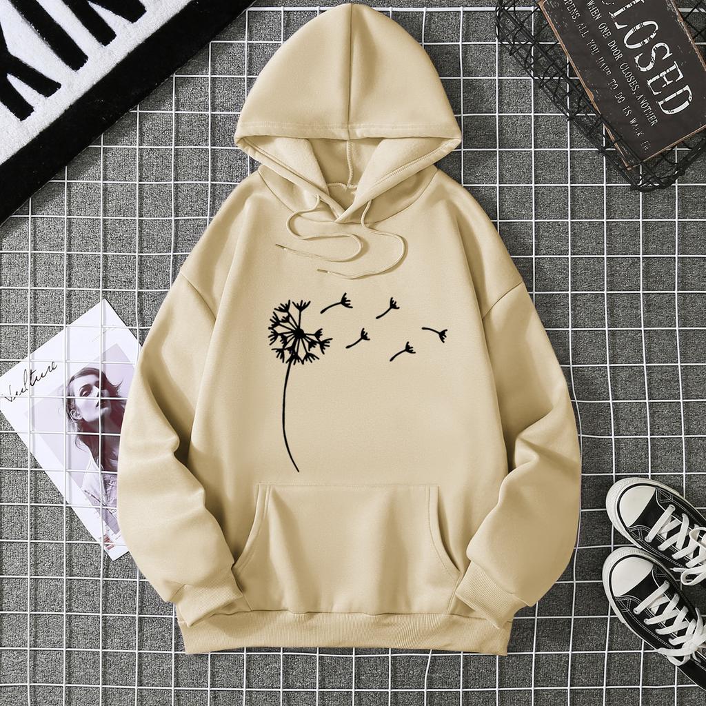 Women's fleece sweater plant print kangaroo pocket drawstring print hoodie