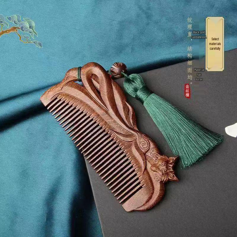 Engraved Green Sandalwood Comb - Black Gold Carved Design, Gift Box Included