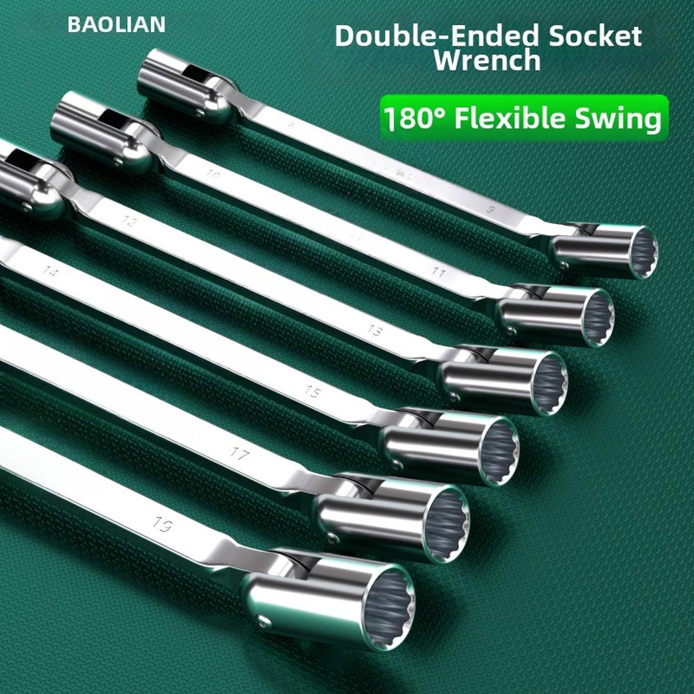 Double Head Swivel Socket Wrench Set Chrome Vanadium Steel 8-19mm Flexible Ratcheting Spanner For Automotive Repair Hand Tools A