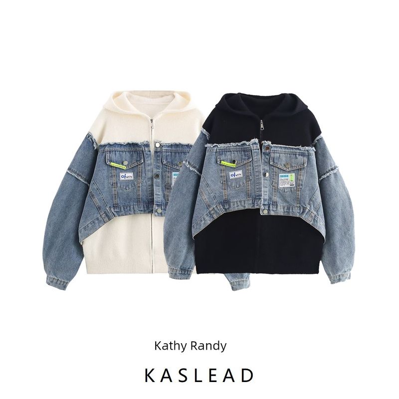 Kaslead New Arrival Women's Clothing Fashion Wind Heavy Industry Boutique Sweater Denim Stitching Thickening Outwear Cardigan