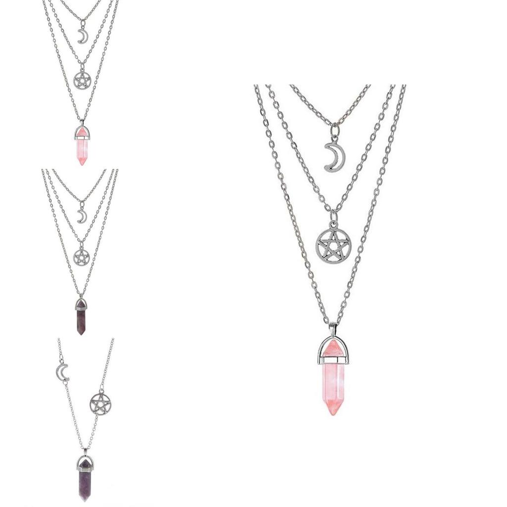 Hexagonal Agate Pendant Necklace With Multilayer Style For Fashionable Women