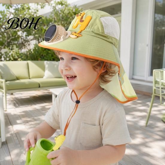Baby Sun Hat With Fan Kids Cap with Built-in Solar Fan, Wide Brim Protection Cooling Hat, Breathable Mesh Fabric Summer Cartoon Pattern, Shawl Design