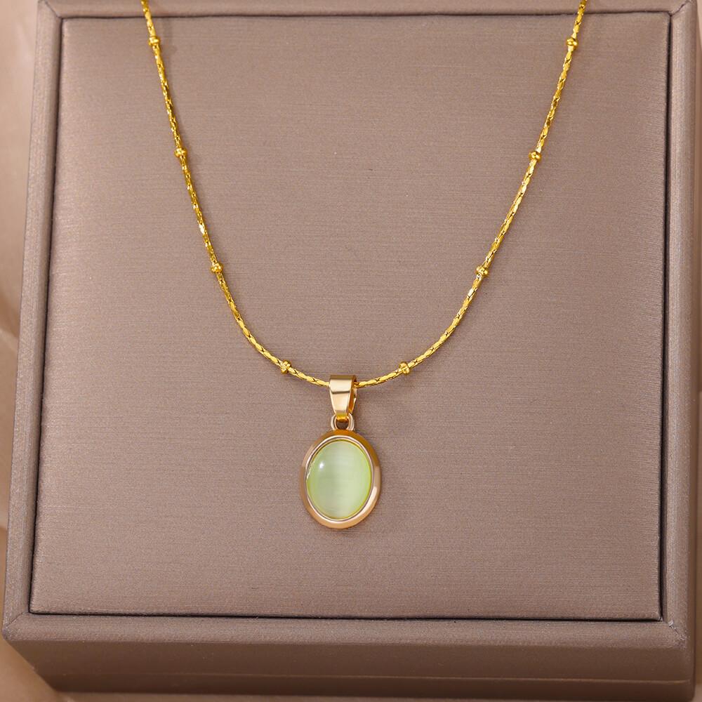 Fashion Stone Opal Oval Necklace For Women Stainless Steel Gold Color Oval Stone Pendant Necklace Wedding Aesthetic Jewelry Gift