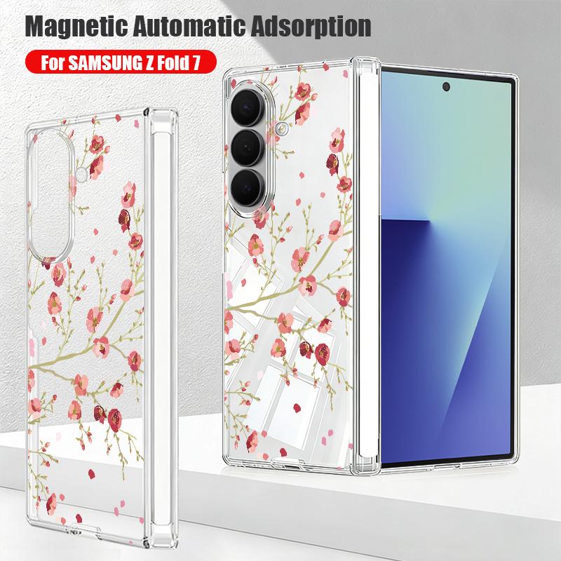 Magnetic Adsorption Phone Case For Samsung Galaxy Z Fold 7 6 5 Fold7 Fold6 Fold5 5G Retro Flowers Pattern Clear Shockproof Cover