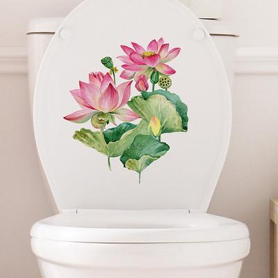 Summer Lotus Flower Toilet Sticker Removable Self-adhesive Waterproof PVC Living Room Bathroom Wall Art Floral Toilet Lid Decoration Decal