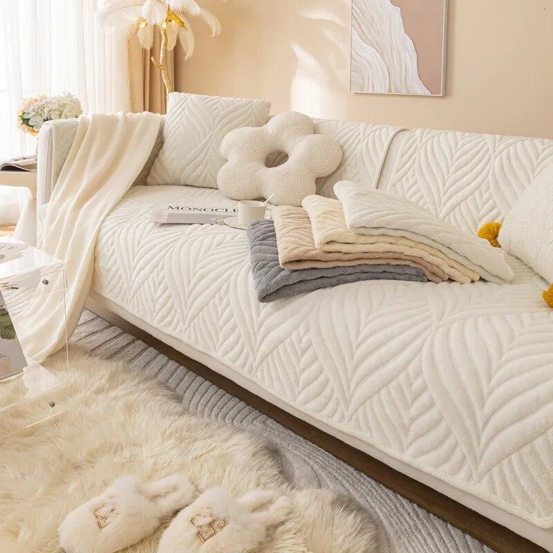 Embroidered Plush Sofa Cushion Living Room Sofa Cover Solid Colour Jacquard Non-Slip Sofa Backrest Armrest Protector