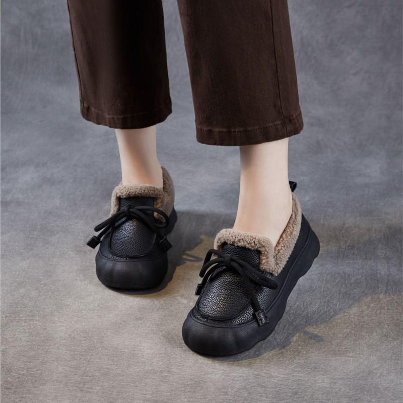 Johnature Plush Warm Loafers Thick Soled Casual Genuine Leather Versatile Round Toe Cotton Shoes